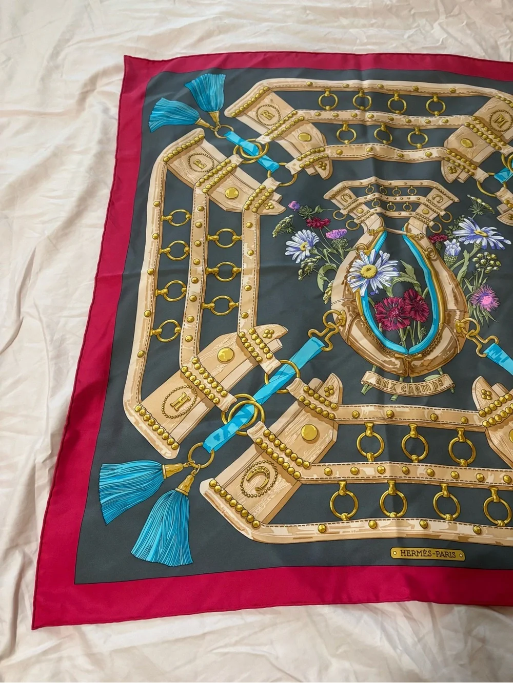Hermès “Aux Champs” Silk Scarf – Equestrian Floral Design